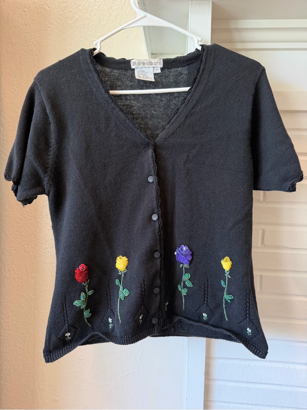 Vintage DressBarn Black Floral Embroidered Beaded Cardigan Sweater Size 6